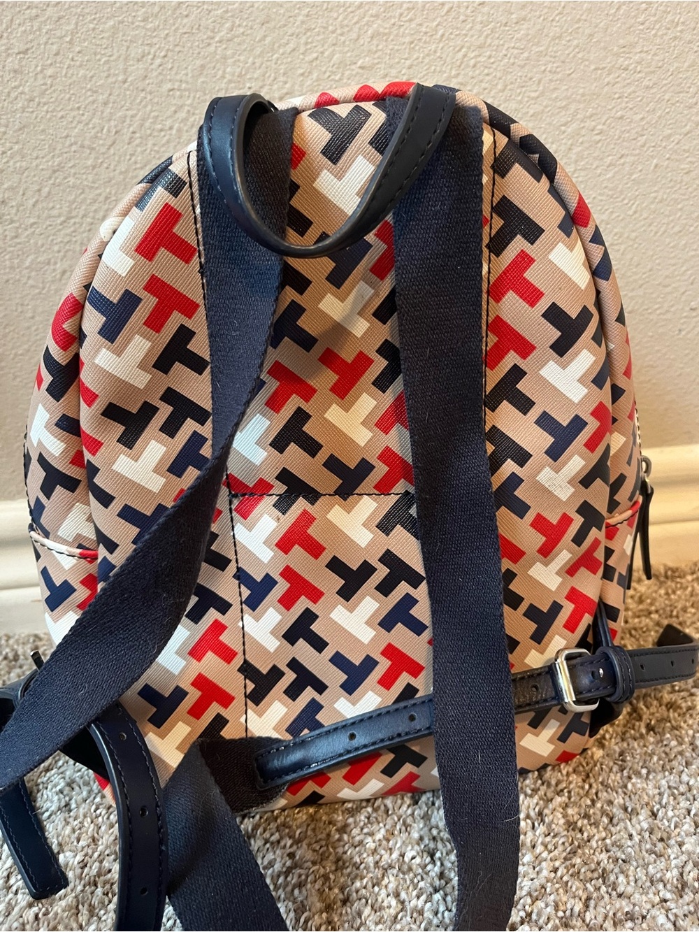 Tommy Hilfiger Beige Backpack with Red, Navy & Cream Logo Pattern - Picture 2 of 8
